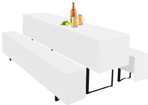 Teruntrue Bierzeltgarnitur Set 3tlg. Einzigartig Gestaltete Hussen für Bierzeltgarnitur 220 x 70cm – 1 Husse Biertisch + 2 Bierbank in Weiß - Biertischhusse Bierbankhusse – Weiß