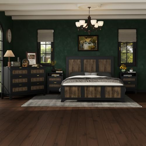 SOFTSEA Farmhouse 4 Piece Queen Size Bedroom Set with Dresser Night Stand, 2 Nightstands and Dresser, Wood Platform Bed with Tall Headboard, Black