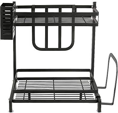 HUOLE Rangement sous Évier,Etagère De Rangement sous Évier Étagère 2 Niveaux Matériau en Acier au Carbone épaissi,tagère à Épices avec Porte-ustensiles, Acier au Carbone-34 * 21 * 41,7 cm