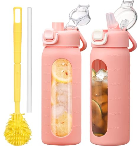 HYDRAGLAZIC 600 ml dricksflaska glas med sugrör, glasflaska med halkfritt silikonfodral, bred öppning, läckagesäker för kaffe och vattenflaska, BPA-fri, rosa