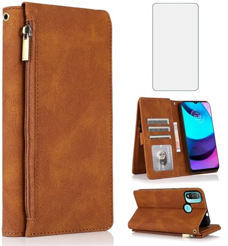 Funda tipo cartera compatible con Motorola Moto E20/E30/E40, protector de pantalla de vidrio templado, cierre de cremallera, tarjetero, accesorios para MotoE20, MotoE30, MotoE40 XT2155, para mujeres y