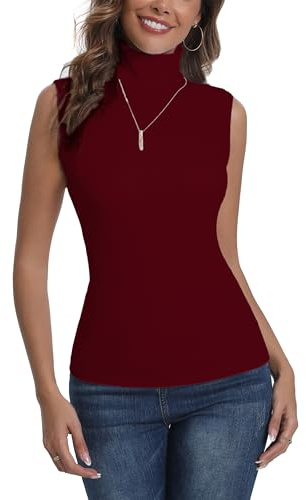 Enjoyoself Maglione Smanicato in Cotone Collo Alto Pullover Senza Maniche Maglia Collo Alto per Autunno Inverno, Capo Sottomaglione-Rosso Vino/M