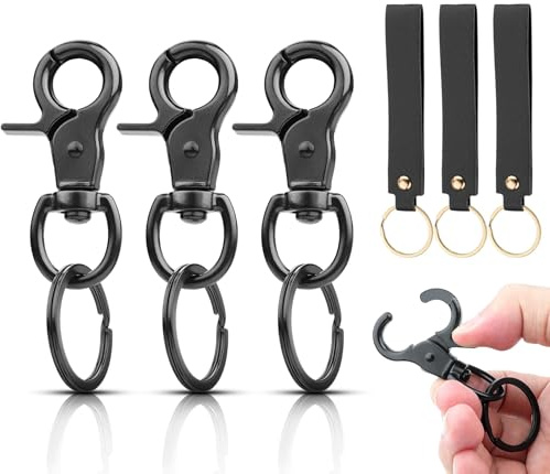 TXXATX Karabiner Schlüsselanhänger enthält 3 STK Karabinerhaken mit Drehgelenk 6cm und 3 STK Schlüsselanhänger Leder Karabiner Schlüsselanhänger Scherenkarabiner Schwarz für Rucksack Schlüssel
