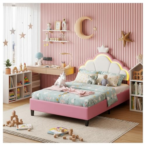 Kinderbett Polsterbett,Polsterbett 140x200 cm für Kinder Gepolstertes Bett für Kinder Prinzessinnenkrone mit LED Einzelbett mit Kopfteil und Lattenrost Jugendbett für Mädchen