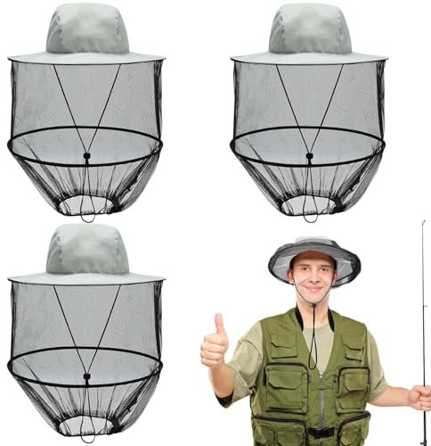 3 Stück Moskitonetz Kopf, Imkerhut, Moskitonetz-Hut Insektenhüte, Grau Sonnenhut, Moskitonetz Hut, Kordelzugverschluss, Mosquito Kopf-kescher für Outdoor, Wandern, Camping, Klettern und Wandern