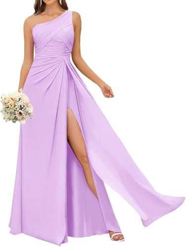 HPPEE Abito da donna monospalla da damigella d'onore con fessura plissettata chiffon abito da sera formale, Lilla, 40