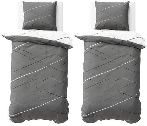 Visaggio 4 teilige Bettwäsche Set 135x200 cm Baumwolle Bettbezug Streifen Grau Wendebettwäsche Polycotton 4-Jahreszeiten