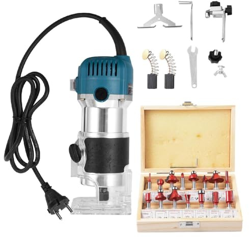 Oberfräse Trimmer Einhandfräse Kantenfräse Holz Fräse Multifunktionsfräse 800W + 15-tlg Hartmetall Fräser 6,35 mm Set 40000 U/min für Heimwerker-Holzbearbeitung