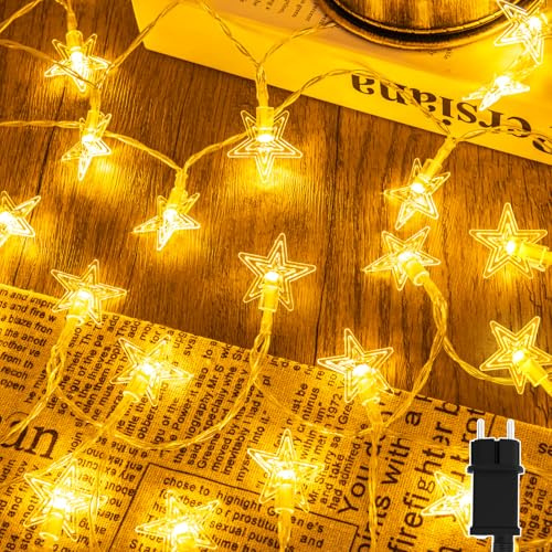 Isisyu Lichterkette Sterne Außen, 15M Weihnachtsbeleuchtung Außen Storm mit 100er Warmweiß Sterne, 8 Modi Wasserdicht Lichterkette Außen Innen mit Timer für Geburtstag, Kinderzimmer, Party