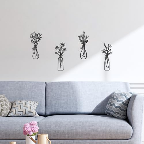 harupink 4 Stück Metall Blume Wanddeko Wohnzimmer,Metall Wanddeko mit Laser-Cut Muster,Minimalistische Wanddekoration,Stabiler Wandskulptur,Wandkunst für Schlafzimmer Wohnzimmer Esszimmer(schwarz)