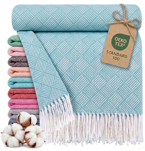 Lanavitta Premium Tagesdecke in 140x200 cm - Atmungsaktive Baumwolle Kuscheldecke - Sommerdecke mit Fransen - Bettüberwurf in Azurblau - Leichte Baumwolldecke - Oeko TEX 100 Zertifiziert Sofadecke