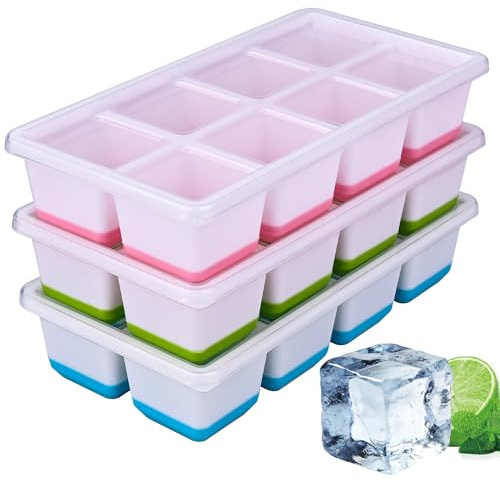 Large Ice Cube Tray, 1.8in Square Silicone Ice Cube Trays with Lids, Easy Release BPA-Free Ice Trays for Freezer, Ice Cube Moulds for Whiskey, Cocktails, Drinks(Blue Green Pink)