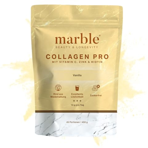 marble® Kollagen Pulver PRO 450 g - Collagen Pulver plus Vitamin C, Zink & Biotin - Collagenpeptide - 60 Tage risikofrei testen - aus Weiderind mit perfekter Löslichkeit – Vanilla