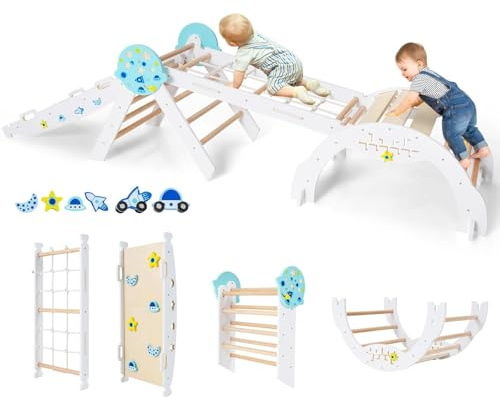 FANTASK Arco de Escalada 7 en 1 para Interior, Juego de 4 Unidades con tobogán, Arco de Escalada, Red, Incluye rampa de Doble Cara, Juego de Bloques de construcción y 2 Coches, triángulo de Escalada