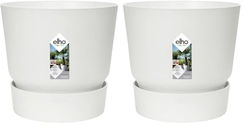 Elho Greenville Rond 18 - Pot De Fleurs avec Un Réservoir d'eau Intégré - Interieur & Extérieur - Plastique 100% Recyclé - Ø 18.3 x H 17.4 cm - Blanc/Blanc (Lot de 2)