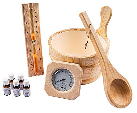Home Deluxe - Saunazubehör 10 TLG. - Q Premo - inkl. Saunakübel, Saunakelle, Sanduhr, Thermo- & Hygrometer