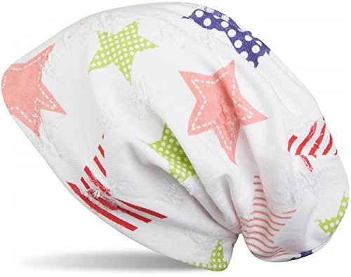 styleBREAKER Damen Beanie Sterne Destroyed Optik Mütze 58cm | Longbeanie. elastisches Material. Bundweite 27.5cm. weiche Haptik. Einheitsgröße. modischer Print.
