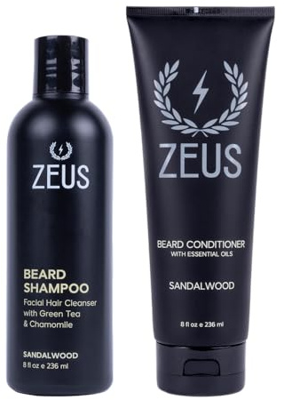 ZEUS Beard Wash Set for Men, Shampoo & Conditioner Duo with Green Tea & Essential Oils, Hydrates, Softens & Strengthens Beard Hair (Made in USA) Sandalwood