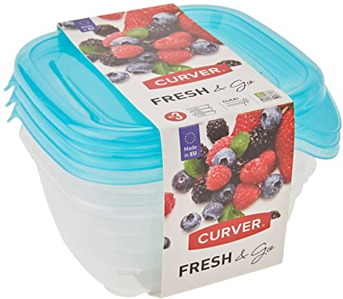 Curver Lot 3 Boîtes Fresh'n Go (3x0.25L) - Boîte de Conservation Alimentaire Transparente- Adaptée au Micro-Ondes, Lave- Vaisselle, Congélateur - Bleu