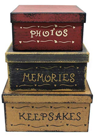 CVHOMEDECO. Primitive Vintage Square Photos, Memories, Keepsakes Cardboard Nesting Boxes, Large 9 X 9 X 4-1/2 Inch. Set of 3.
