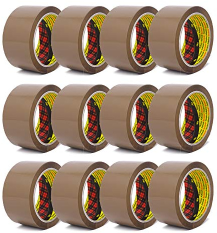 3M Scotch Lot de 12 rouleaux de ruban adhésif d'emballage 305 PP, déroulement silencieux, pour emballage, qualité 3M, 66 m x 50 mm, marron