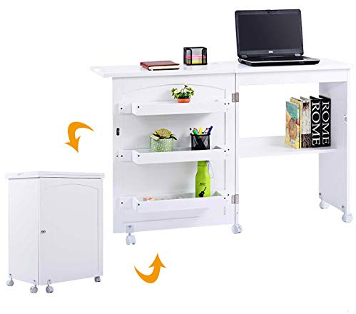 DREAMADE Nähtisch Nähmaschinenschrank Faltbar, Nähschrank Nähmöbel, Mehrzwecktisch mit 4 Rollen (Weiß)