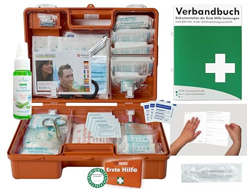 Verbandskoffer/Verbandskasten (M) Typ C - Erste Hilfe nach aktueller DIN 13157 für Betriebe -DSGVO- INKL. PERFORIERTEM VERBANDBUCH + Hygiene-Gel