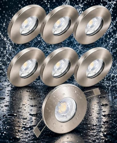 Trango 6er Set 6729IP65-062M6KSD IP65 LED Einbaustrahler aus Edelstahl gebürstet incl. 6x 6000K Tageslicht Weiß (kaltweiß) dimmbar Ultra Flach LED Modul für Bad, Dusche, Deckenstrahler, Deckenlampe