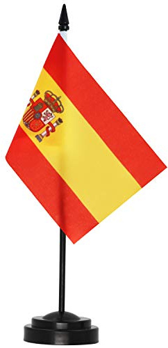 ANLEY Spain Deluxe Schreibtischfahnenset - 6 x 4 Zoll spanische Miniatur-Desktop-Flagge mit 12 massivem Pol - lebendige Farbe und lichtbeständig - schwarze Basis und Speerspitze