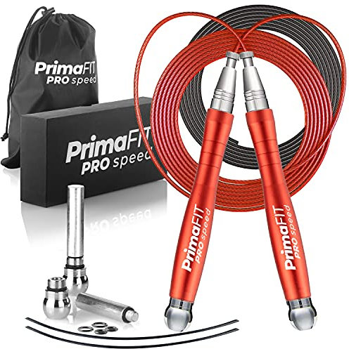 PrimaFIT Springseil Erwachsene Fitness Pro Speed Jump Rope 3m Seilspringen Verstellbar Mit Gewichten, 2 Kugellager & Anti-Rutsch Griffe, Profi Skipping Für Boxen, MMA, Crossfit, Extra Stahlseil,Tasche