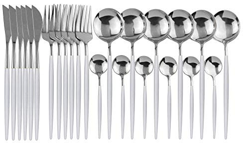 Ensemble de couverts en or 24 pièces, couverts en acier inoxydable miroir, ensemble de couverts, lave-vaisselle peut être utilisé, adapté à la cuisine à domicile-Argent blanc