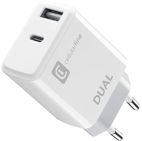 Cellularline | Caricabatterie da Rete | Caricabatterie da rete con 2 porte USB e USB-C per la carica simultanea di due dispositivi Apple