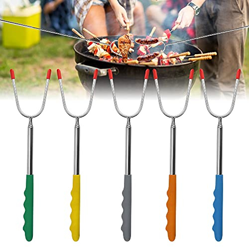 LYTIVAGEN 5 Stück Grillstab Edelstahl Grillgabel Lagerfeuer Gabel Teleskop Barbecue Spieße Gabel Ausziehbar Grillspieße Marshmallow Roasting Sticks Lange Grill Spieße für Grillfest Lagerfeuer Camping