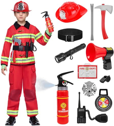 Spooktacular Creations Halloween Boys Fireman Costume, Firefighter Costume for Kids, Red Toddler Fireman Jumpsuit Accessories Set for Dress-up and Roleplay Party (Medium, 8-10 yrs)