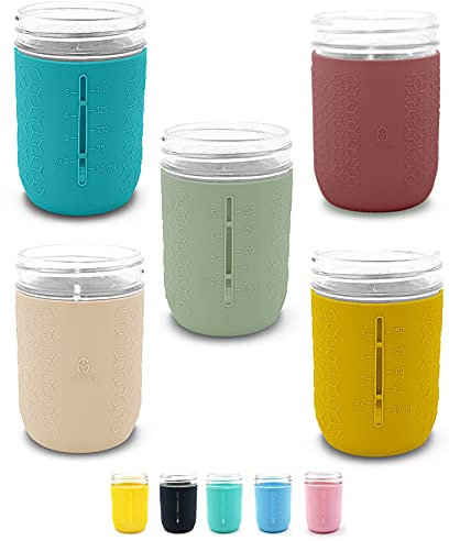 minliving Silicone Mason Jar Sleeves | Anti-Slip Protectors for 8 oz Regular Mouth Ball & Kerr Jelly Canning Jars | Kids Cup Holders with Measurement Markings | Dishwasher Safe Jar Jackets - 5 Pack