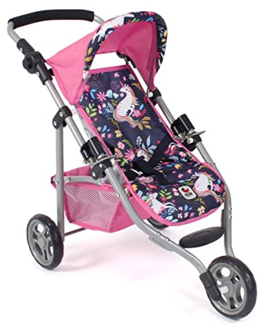 Bayer Chic 2000 - Puppenbuggy Lola, Jogging-Buggy, Puppenjogger, Puppenwagen, Einhorn, 612-43, Navy, Pink, 70 * 33 * 62 cm