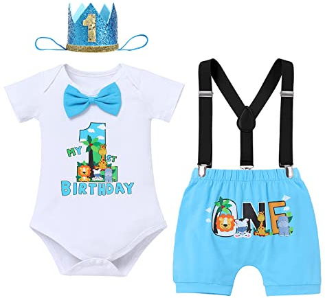 Cake Smash Outfit 1st Birthday Boy Baby Jungle Safari Animal Theme Party Bow Tie Cotton Short Sleeve Romper Shorts Pants Y-back Suspenders Crown Hat 4pcs Set Photo Shooting Props Blue 12-18 Months