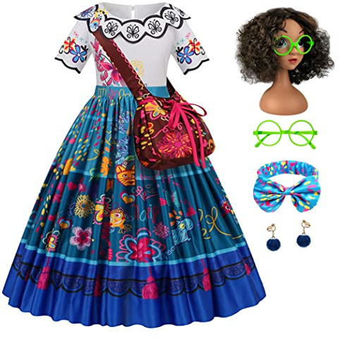 Eleasica Fille Encanto Déguisement pour Enfant Mirabel Robe de Princesse Sac Perruque Lunettes Bandeau Boucle d'oreilles Costume Cosplay Cadeau Anniversaire Noël Carnaval Fancy Dress,Bleu,120