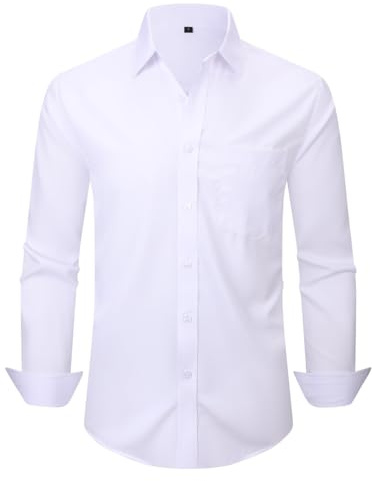 corfty Men Long Sleeve Dress Shirt - Regular Fit Stretch Free-Wrinkle Casual Button Down Shirt (White with Pockets, Medium)