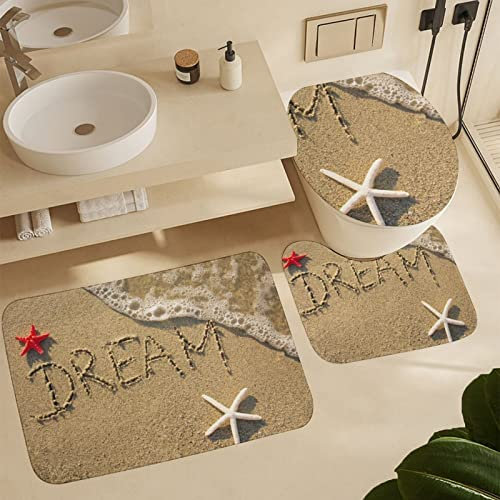 3 TLG Badteppich Set Sommer-Strand-Traum-Seestern-Meer Anti-Rutsch U-Förmigen Contour Matte Wasserabsorbierend Wc-Deckelbezug Für Badewanne Badezimmer Spa