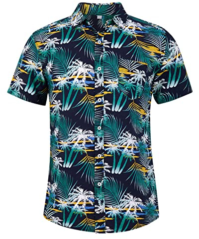 Loveternal Hawaii Hemd Männer 3D Floral Blumenmuster Baumwolle Kurzarm Hawaiihemd Sommer Freizeithemden für Herren Casual Urlaub Hemd Reise Shirt L, Palme