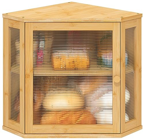 viewcare Corner Bread Box for Kitchen Counter, Bamboo Wood Large Capacity Bread Storage Bin with Acrylic Wavy Door Panel (Natural, Meduim)