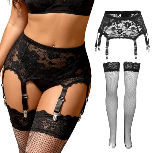 comeondear Spitze Strapsgürtel mit Strümpfe Set Sexy Schwarz,XL-XXL