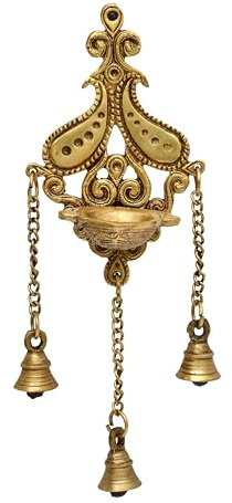 AARGKRAFT mässing Diya med tre hängande klockor på kedja designer vägg Diya hem kontor dekor djup dekorativ Deepam Showpiece gåvor