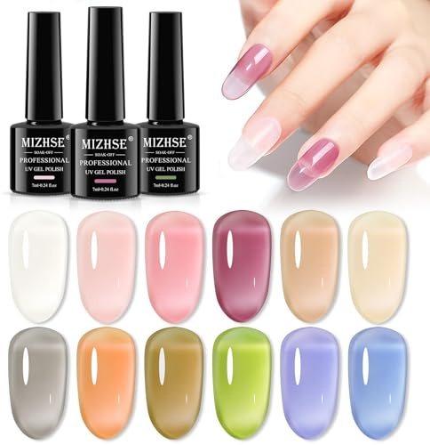 MIZHSE Gel Nagellack Set - 12 Farben Jelly Nudetöne UV Nagellack Set, Jelly Gel Nail Polish Set Nude Gels Nagelack Milchig Weiss Rose Nude Pink Gellack UV LED Soak-Off 7ML 12ER Pack