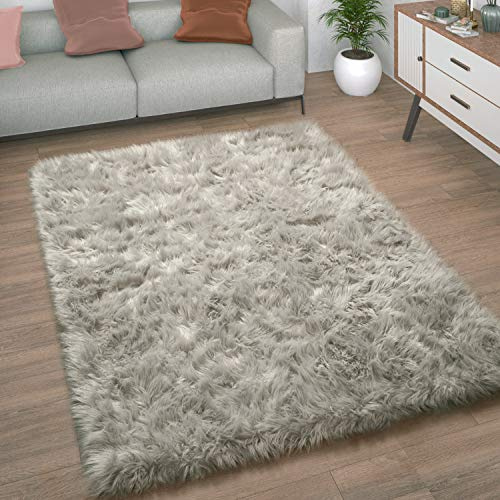 Paco Home Kunstfell Fellteppich Imitat Teppich Hochflor Sitzkissen Herzform Rund Fell Form, Grösse:120 cm Rund, Farbe:Grau