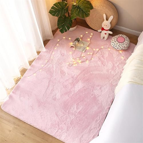 ZWPILY Hochflor Teppich Wohnzimmer Kinderzimmer Flauschig Fellteppich Kunstfell Fellimitat Plüsch Bettvorleger Einfarbig, Waschbar rutschfest, Modern Kunstfell Carpet,Rosa,60x90 cm