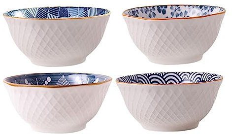 RORPOIR Groß 4 Stück Reisschale große Keramikschale Nudelschale aus Keramik Salatschüssel Ramenschalen Nudeln Küchenutensilien Ramen-Schüssel kariert Container China Spaghetti