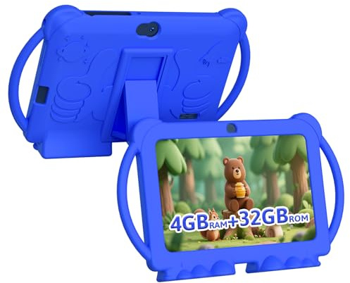 HOTTABLET Tablet per bambini da 7 Android, 4 GB di RAM 32 GB di ROM, 1 TB di espansione, con controllo genitori, WiFi, Bluetooth, doppia fotocamera con custodia in silicone, 1 pezzo (blu)