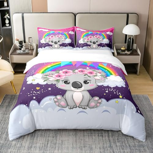 Mädchen 100% Bio-Baumwolle Bettbezug 200x200,Regenbogen Koala Bettwäsche Set für Kinder Kind,Cartoon Tier Tröster Abdeckung,Galaxy Ombre Pastell Bett Sets mit 2 Kissenbezüge Hautfreundlich